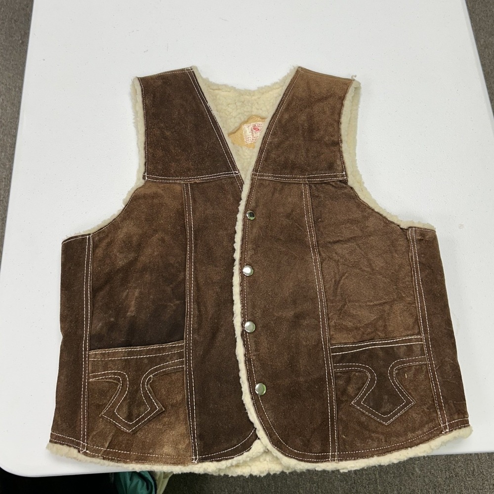 Hecho en Mexico Leather Vest Mens M Brown Suede Faux Shearling Western Boho